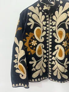 Luxury Black <b>Velvet</b> Floral Embroidered Suzani <b>Jacket</b> Full Sleeve Stand Collar Handmade Bohemian Style Winter <b>Jacket</b> - Product Image 2