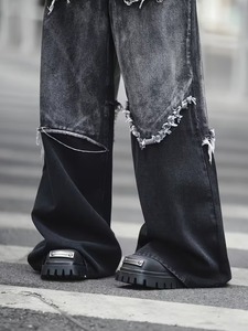 Pantalon large déchiré en faux denim style hip-hop américain pour homme, style urbain de niche, patchwork, délavé - Product Image 5