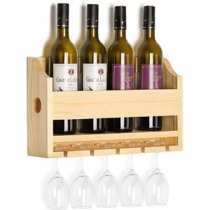 Natural Wood Wine Bottle Display Stand with Wine Glass Holder Wall Mounted and <b>Portable</b> Also With Handle for Dining <b>Table</b> - Product Image 2