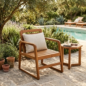 Fauteuil de patio en teck massif avec lattes, chaise de salle à manger d'extérieur moderne, chaise longue en bois à base de traîneau, article de mobilier - Product Image 4