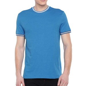 Camiseta de Algodón de Manga Corta para Hombre, Corte Regular, Color Azul, con Ribete en Contraste, Cuello Redondo, Estilo Casual, Precio Económico - Product Image 3