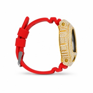 Luxury Digital <b>Watch</b> With Rhinestone Yellow Gold Case Red Silicone Band Unisex Square Dial - Product Image 2