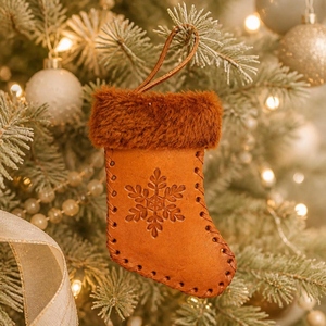 Adorno Navideño de Cuero Marrón con Borde de Piel Sintética Esponjosa, Diseño de Copo de Nieve Grabado y Asa para Colgar - Product Image 1