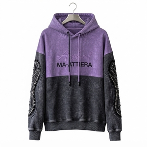<b>Mens</b> Two Tone Purple <b>Black</b> Acid Wash Rhinestone Sleeve Hoodie Pullover Streetwear <b>Fleece</b> Sweatshirt Custom Wholesale Pro - Product Image 1