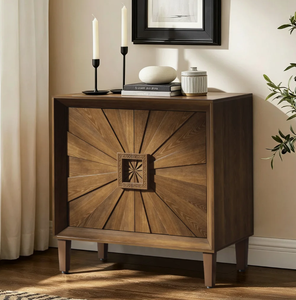 NOUVEAU Meuble d'appoint en noyer style Rétro Mid-Century Modern, avec porte sculptée géométrique effet rayon de soleil, servant de buffet de rangement, table de chevet ou console en bois nordique - Product Image 1
