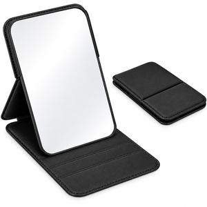 Miroir de maquillage compact pliable avec support, style cuir beige, miroir de bureau, simple face, portable, pour les voyages - Product Image 4
