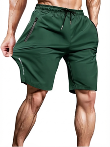 <b>Men</b> Solid Casual Athletic <b>Shorts</b> Zipper Pockets Dark <b>Green</b> Gym Workout Running Quick Dry Breathable Elastic Waist Fitness - Product Image 1