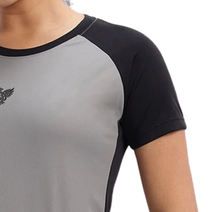 T-shirt décontracté d'été pour femme, gris et noir, en jersey polyester/coton, col rond, manches courtes, avec logo, pour le sport et la gym - Product Image 3