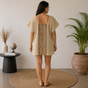 Tunique bohème beige pour femme, broderie géométrique, manches courtes, en coton, décontractée, pour l'été, la plage, les vacances, les festivals, coupe ample - Product Image 4