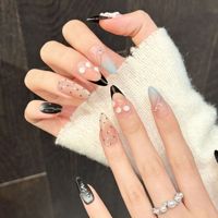 Design 3331 Faux ongles à presser faits main, de luxe, en gros, avec motif floral 3D, effet blush noir, œil de chat, élégant, à pois, style français, forme amande moyenne