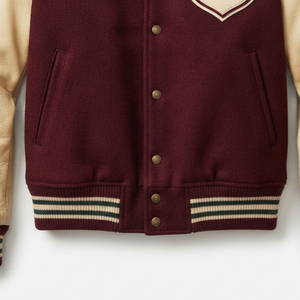 <b>Men's</b> Maroon Varsity <b>Jacket</b> With Cream <b>Leather</b> Sleeves And Shield Patch Preppy Style Turn-down Collar Button Closure Autumn Wear - Product Image 6