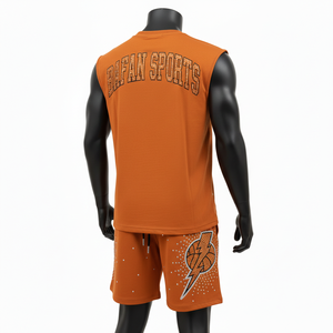 Ensemble short et t-shirt sans manches pour homme, coton doux et polyester, imprimé sport orange, logo personnalisé - Product Image 4