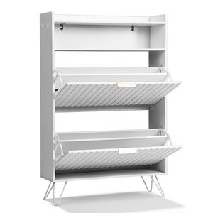 Two-Compartment <b>Shoe</b> Cabinet with Slatted Front and Side Panels Top-Opening Lids High Legs Two <b>Hooks</b> Partic <b>Shoe</b> Racks - Product Image 2