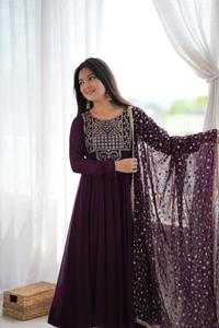 georgette <b>women</b>’s embroidered purple Anarkali <b>kurta</b> pant dupatta ethnic outfit breathable fabric smooth drape festive clothing - Product Image 5