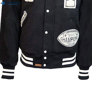 Men's Black Varsity Jacket With Embroidered Letter T And Patch Designs Preppy Style Autumn Wear - Product Image 4
