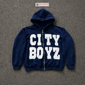 Sweat à capuche zippé bleu marine pour homme, style streetwear oversize, avec lettres graphiques appliquées, mode urbaine vintage, fermeture éclair intégrale - Product Image 5