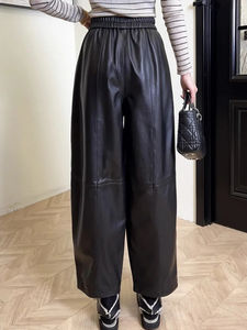 Pantalon Harem ample en véritable peau de mouton pour femme, taille élastique, en cuir véritable, style décontracté streetwear, nouvelle collection automne, confortable - Product Image 3