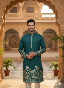 ชุดคุर्ตา ปาจามา ผ้าไหมปักลายทอง งานปักฟอยล์ แห้งเร็ว ทรงปกติ สำหรับงานแต่งงานและงานเลี้ยงของผู้ชาย - Product Image 3