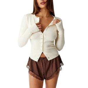 Cárdigan Corto Personalizado para Mujer, Ajustado, Versátil, de Lana Acanalada, Manga Larga, Tejido, con Botones, Cierre de un Solo Botón - Product Image 1