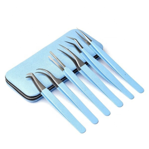 Juego Profesional de Pinzas para Pestañas Azules, 6 Piezas, Acero Inoxidable, Curvas y Rectas, Herramientas para Extensión de Pestañas con Estuche de Cuero PU - Product Image 1