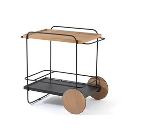 Carrito de Bar Moderno de Dos Niveles en Madera Sólida con 2 Compartimentos, Asas Curvas Elegantes y Ruedas Negras para Hoteles - Product Image 6
