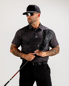 Chemise de golf pour homme à motif pois noirs, manches courtes, respirante, en tissu tricoté, infroissable, en polyester, coupe classique, avec poche - Product Image 1