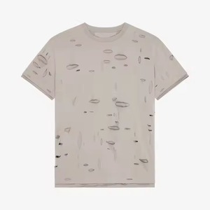 T-shirt à manches courtes pour homme, blanc cassé, col rond, avec trous déchirés, motif dessiné à la main, coupe classique, en coton - Product Image 6