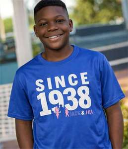 Camiseta Dri Fit para jóvenes Jack and Jill, azul, desde 1938, unidad familiar, juega juntos, camiseta informal para niños y niñas - Product Image 1