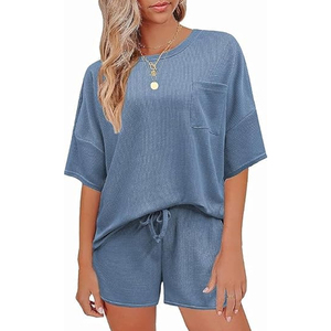 Conjunto de Ropa Informal para Mujer, Transpirable, de Punto Waffle, Top de Manga Corta y Pantalones Cortos - Product Image 1