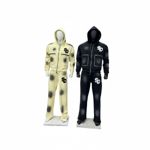 Unisex Hooded Acid Wash Custom Tracksuit Full Length Zipper Front Logo Dot Pattern Streetwear Autumn Polyester Sweatpants <b>Jacket</b> - Product Image 1