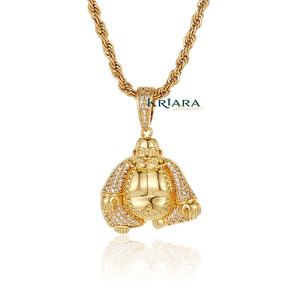 Pendentif Bouddha plaqué or avec incrustation de diamant de laboratoire rond, breloque thématique, luxe, unisexe, à porter au quotidien - Product Image 1