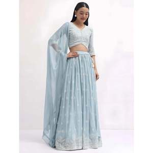 Vestido de Noche Adorable, Lehenga Choli de Georgette con Bordado de Hilo Azul - Product Image 5