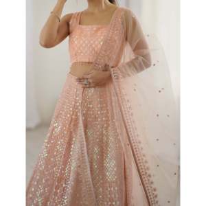 Lehenga Choli FB con Lentejuelas Color Durazno y Bordado Dori Sin Coser, 1300g, Vestidos de Fiesta y Graduación - Product Image 1