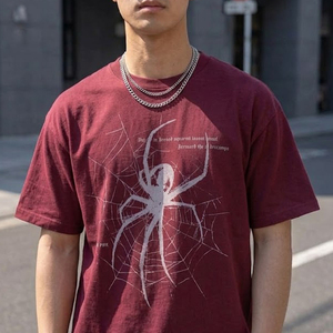 เสื้อยืดโอเวอร์ไซส์สไตล์วินเทจสตรีทแวร์ ผ้าคอตตอน 100% สีแดงเลือดหมู ลายแมงมุมด้านหน้า ตัดเย็บพิเศษ ทรงหลวม ไหล่ตก ไม่เป็นขุย - Product Image 5