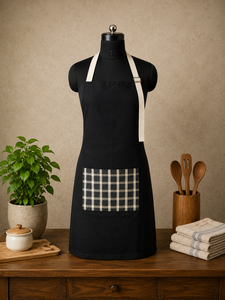 Delantal de Algodón Premium |   Delantal de Cocina Negro con Bolsillo Frontal a Cuadros Grises |   Delantal Ajustable para Cocinar y Hornear en Casa - Product Image 2