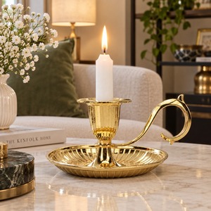 Gold Brass Chamberstick <b>Candle</b> Holder Handled Taper Stand Vintage Round Fluted <b>Dish</b> Base Candleholder Home Table Decor Party - Product Image 2