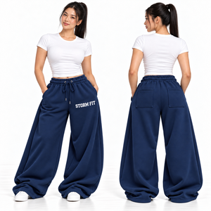 Pantalones Cargo de Forro Polar Personalizados para Mujer, Color Azul Marino, Resistentes al Viento, Transpirables, de Pierna Ancha, Cintura Media, con Cordón Elástico, Corte Regular - Product Image 1