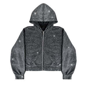 2026 Sweat à capuche zippé pour homme, personnalisé, coupe oversize et carrée, style streetwear tendance, effet vieilli, coupe courte, 100% French Terry, délavé à l'acide, avec strass - Product Image 1