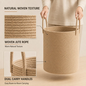 Cesta de Almacenamiento Abierta en Forma de Barril Tejida con Paja, Cuerda de Algodón Hecha a Mano, Estilo Moderno, Forro de Paja, Dos Asas, Impermeable, Unisex - Product Image 3