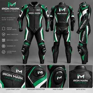 ชุดแข่งรถมอเตอร์ไซค์หนังแขนยาวสำหรับผู้ชาย IRON MARK INDUSTRIES กันน้ำ ระบายอากาศได้ดี ป้องกันการกระแทก น้ำหนัก 220 กรัม พิมพ์ลายโลโก้ด้วยเลเซอร์ - Product Image 1