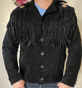 Men's Black Suede Leather <b>Jacket</b> With <b>Fringe</b> And Concho Decor Turn-down Collar Zipper Closure Casual Autumn Wear - Product Image 6