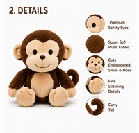 Boneka Monyet Plushie Bordir, Mainan Lembut Isi Kapas PP, Lapisan Bulu Kelinci, Merek Divyas untuk Anak Usia 2-13 Tahun