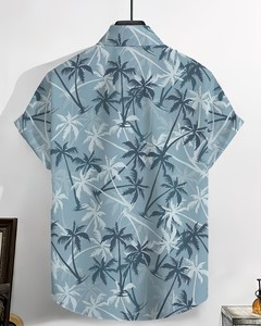 Camisa Casual de Manga Corta para Hombre, Estampado de Palmeras, Estilo Tropical, Veraniego, Hawaiano, Azul, Poliéster/Algodón - Product Image 5