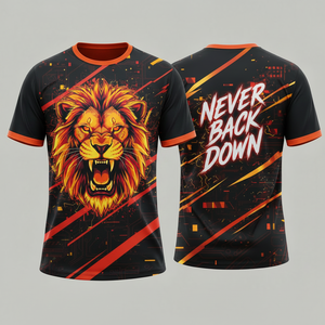 Camiseta de Fútbol Sublimada para Hombre con Estampado de León, Diseño Never Back Down, Secado Rápido, Cuello Redondo, Manga Corta, Corte Regular - Product Image 1