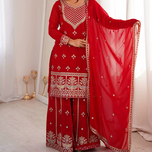 ชุดเสื้อผ้าท็อปผ้าฟ็อกซ์จอร์เจตต์แท้แบบใหม่ พร้อมผ้าคลุมไหล่ ชุดชาราร่าพร้อมสวมใส่ - Product Image 1