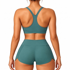 Women's Fitness 2-Piece Set Deep V Neck Halter Sports Bra Stretch High Waist Lifting <b>Hip</b> Workout Shorts - Product Image 2