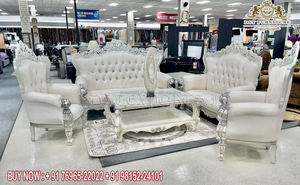 Conjunto de sofá de sala de estar de 7 plazas con acabado europeo, conjunto de sofá de madera de teca con acabado blanco de lujo, juego de sofás tallados a mano tradicional - Product Image 4