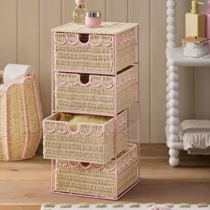Panier de rangement multi-tiroirs en jonc de mer avec bordure rose pour le rangement dans le salon et l'organisation des cosmétiques - Product Image 1