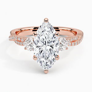 Anillo de Diamantes con Corte Marquesa, Diseño de Tres Piedras en Oro con Ramas Trenzadas, Piedras Laterales Redondas, Joyería de Lujo para Compromiso, Regalo para Novia - Product Image 3