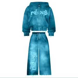 Custom Solid Hooded Tracksuits <b>Distressed</b> Applique Embroidery Vintage Sun-Faded Drawstring Breathable Quick-Dry 100% Cotton - Product Image 3